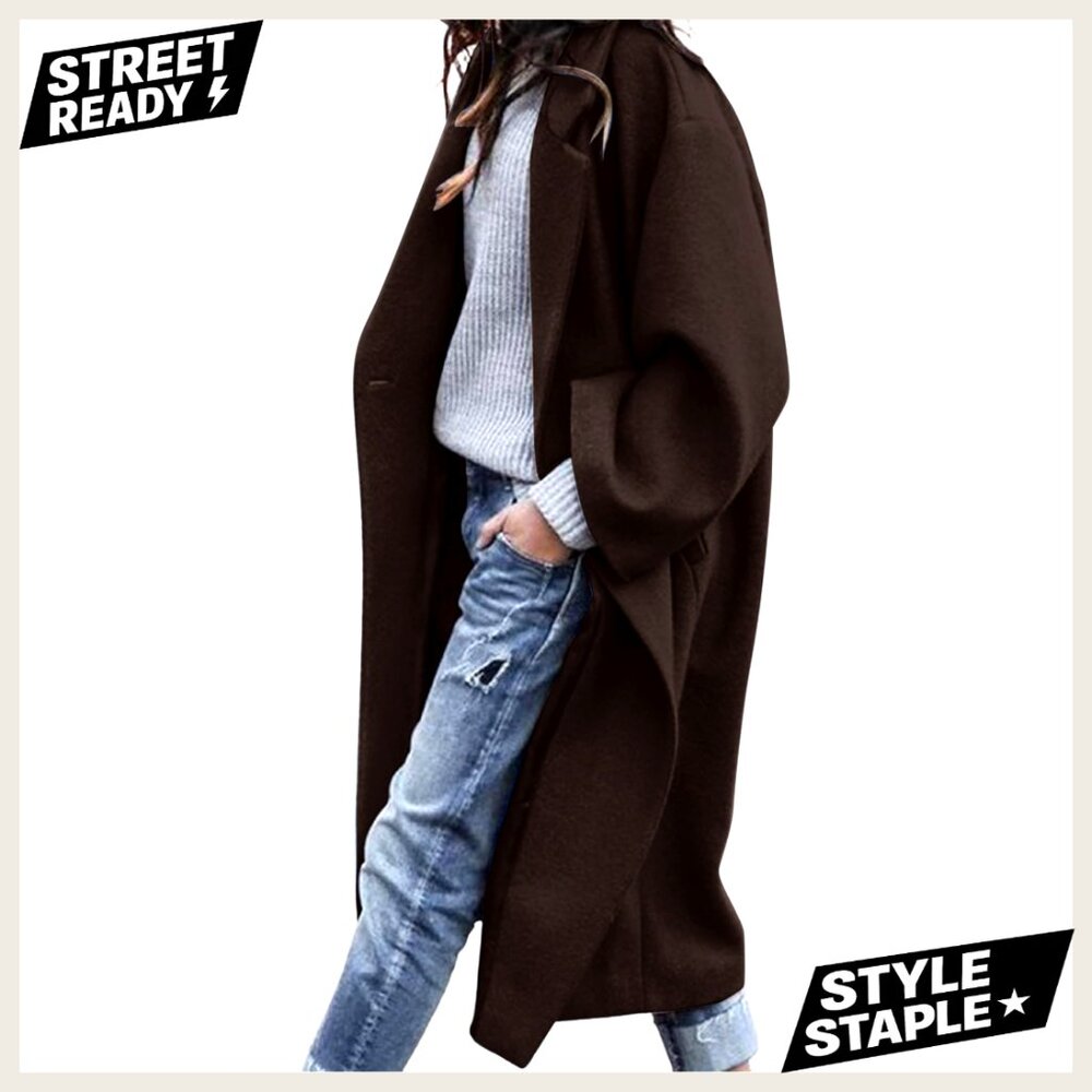 Oversized Wool Blend Trench Coat, Notched Collar, Midi Length, Button Closure